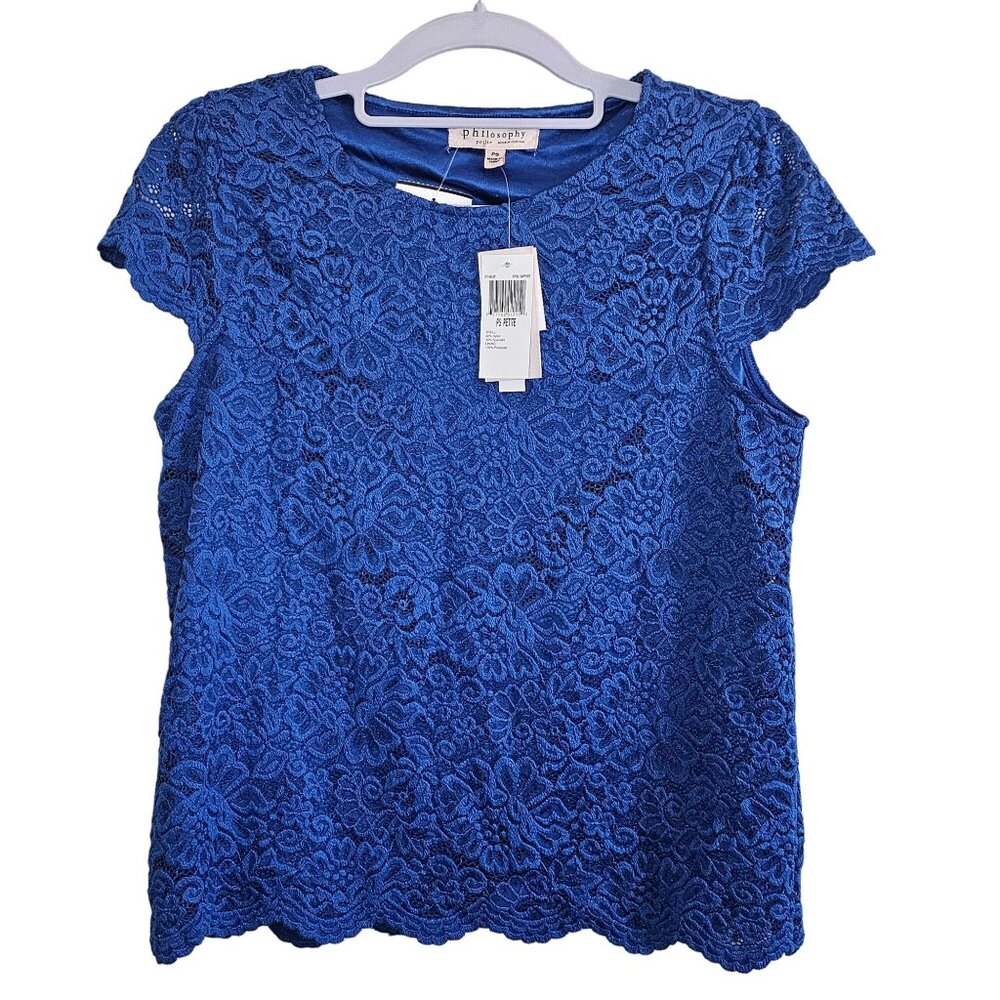 Philosophy Petite Women's Lace Top Royal Sapphire Short Sleeve Size PS